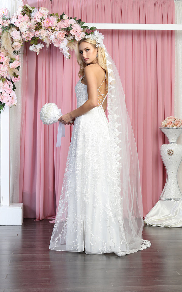 V-Neck Floor-Length with Train Lace Bridal Dress A-Line May Queen 1885