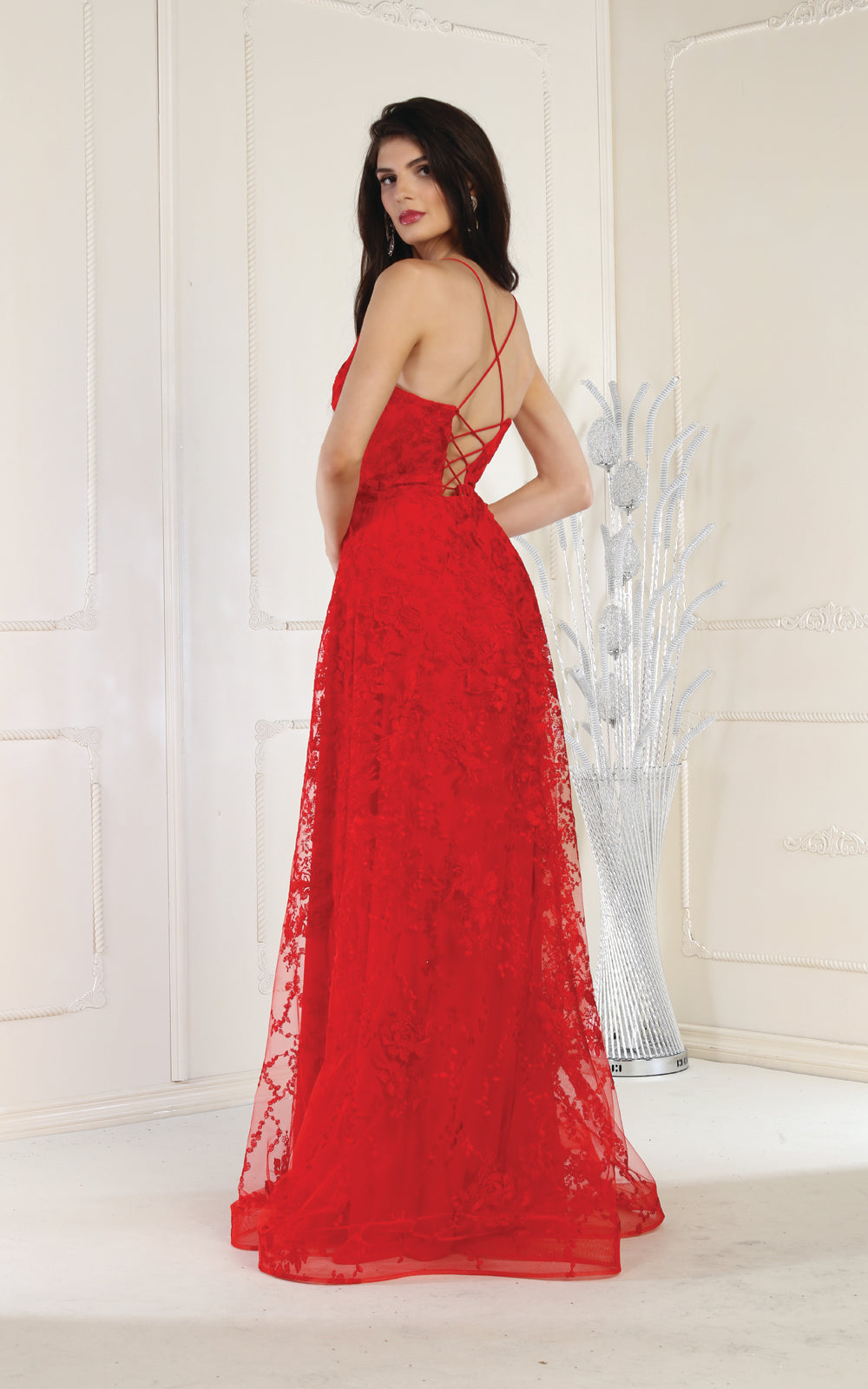 V-Neck Floor-Length Lace Prom A-Line May Queen 1885