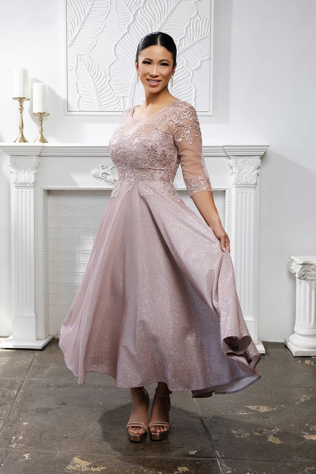 Tea Length Lace Applique Glitter Dress May Queen MQ2057