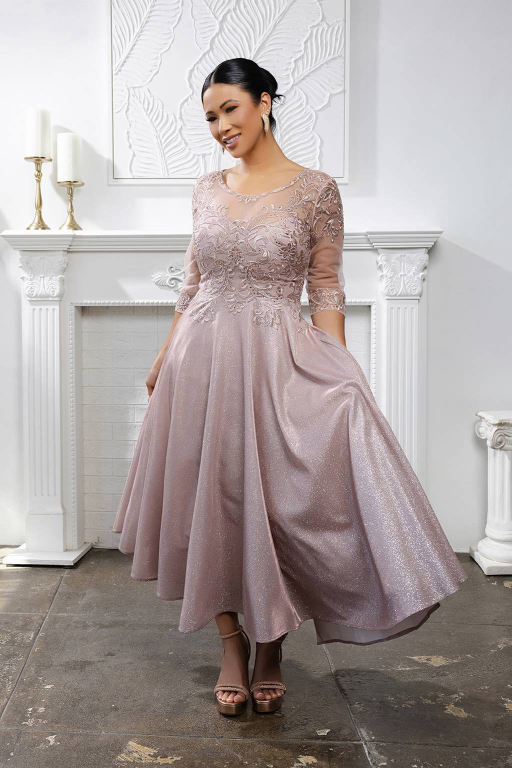Tea Length Lace Applique Glitter Dress May Queen MQ2057