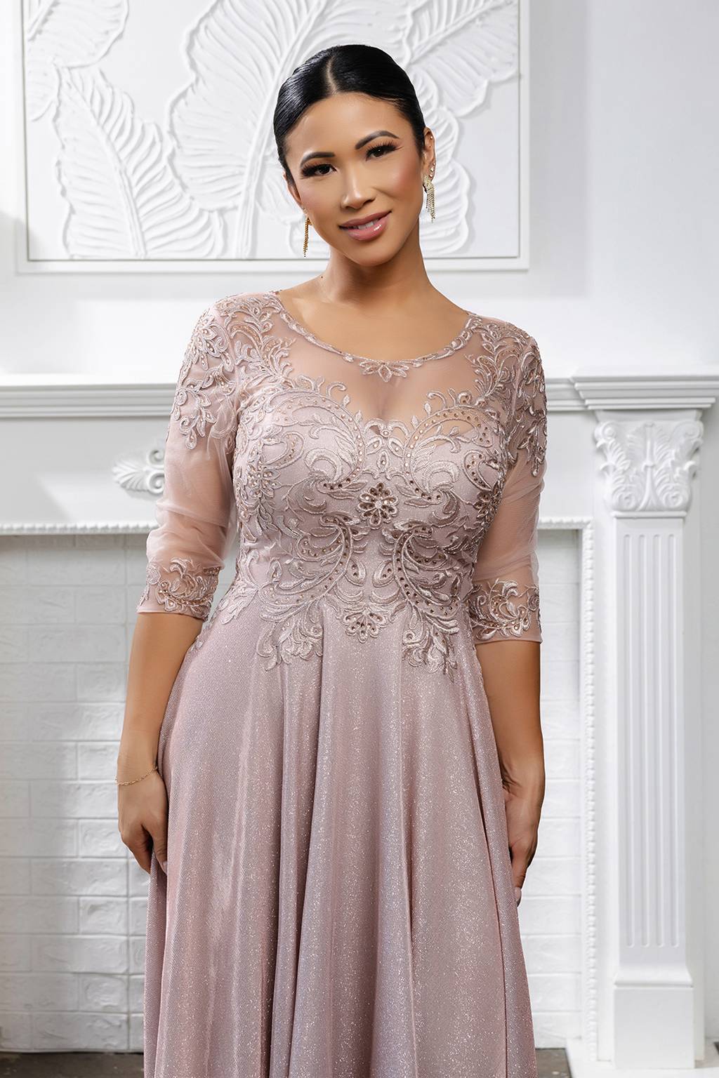 Tea Length Lace Applique Glitter Dress May Queen MQ2057