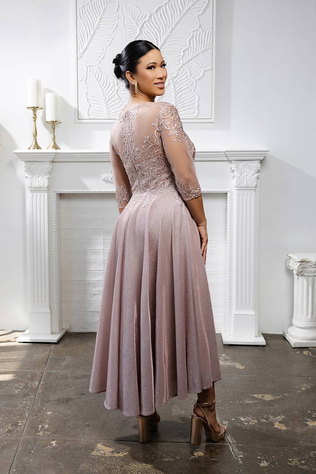 Tea Length Lace Applique Glitter Dress May Queen MQ2057