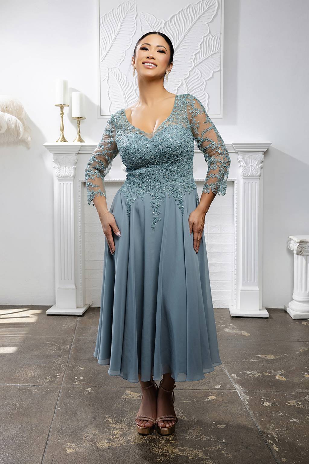 V-Neck Tea-Length Chiffon Mother of the Bride A-Line May Queen 2108