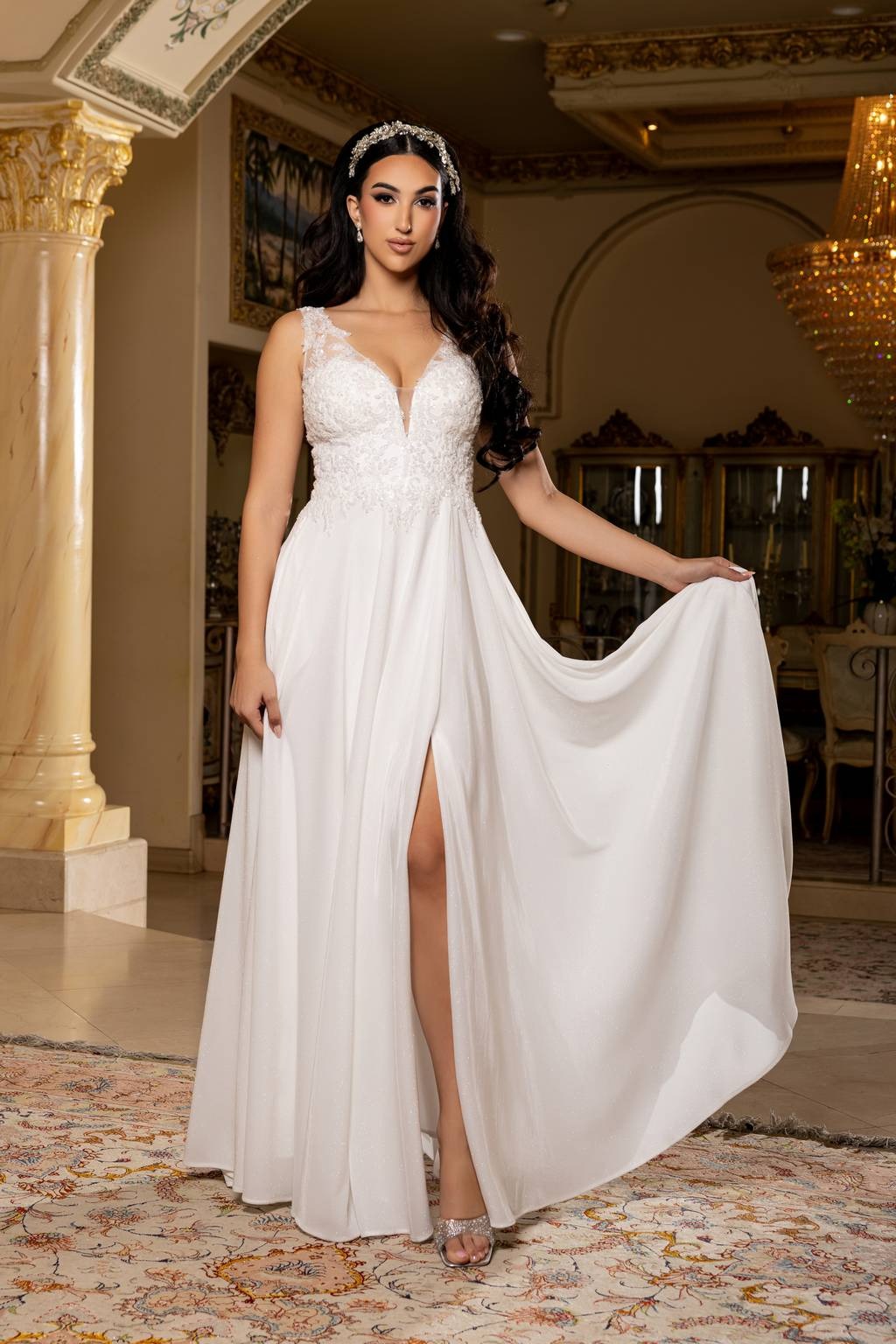 V-Neck Floor-Length Sequin Prom A-Line May Queen 2137