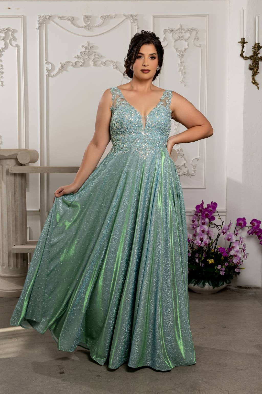 V-Neck Floor-Length Sequin Prom A-Line May Queen 2137