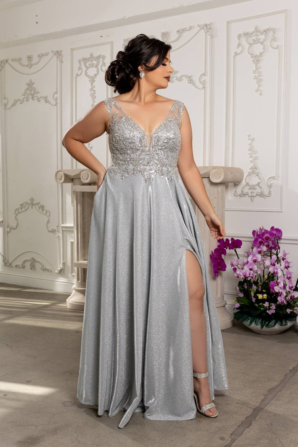 V-Neck Floor-Length Sequin Prom A-Line May Queen 2137