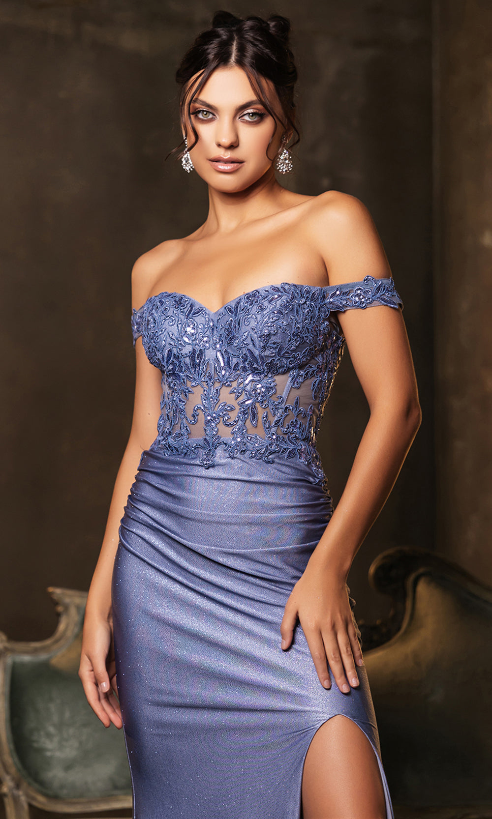 Dusty Blue Off-the-Shoulder Floor-Length Mesh Prom Corset Dress May Queen MQ2148