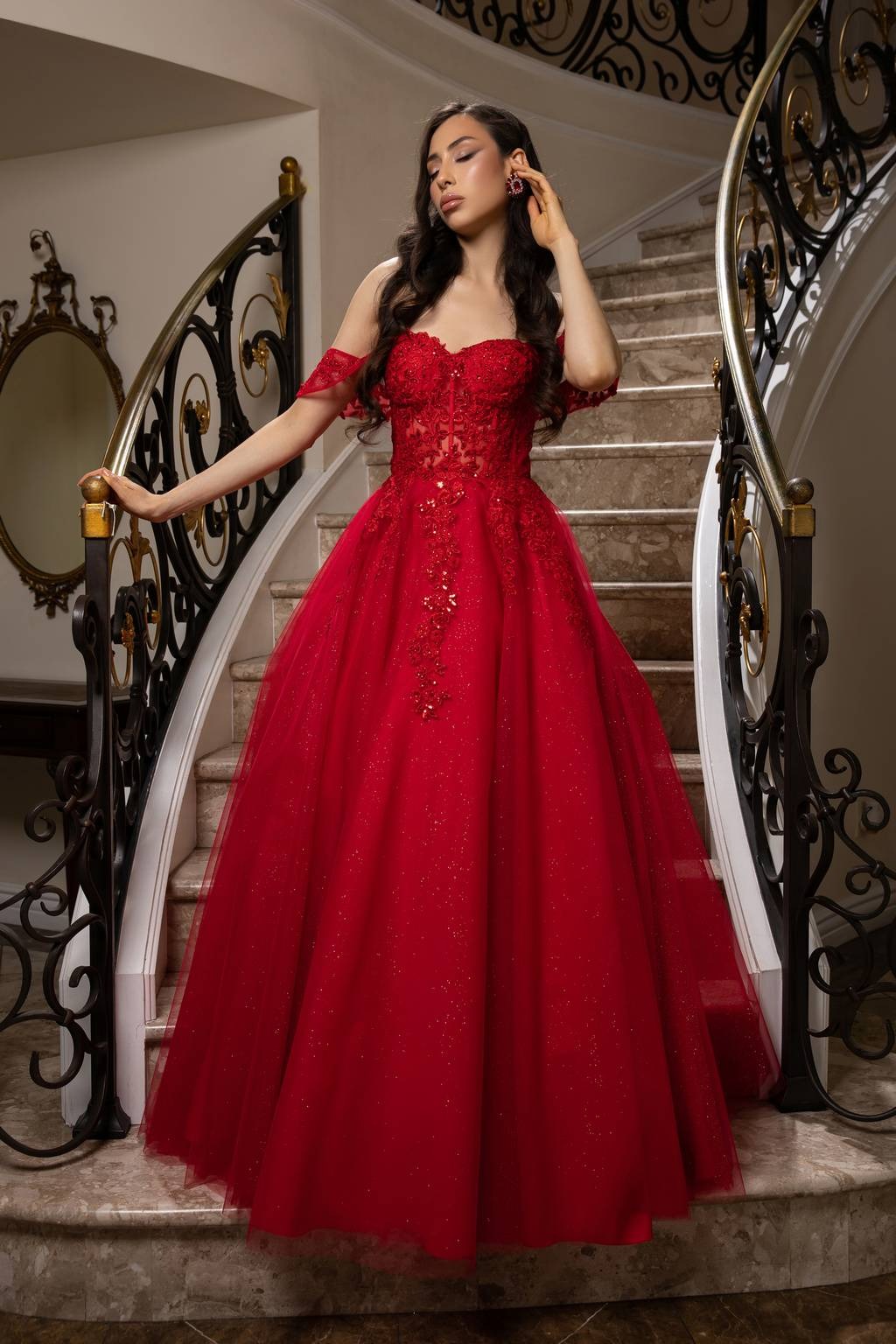 Off-the-Shoulder Floor-Length Tulle Prom Ball Gown May Queen MQ2176