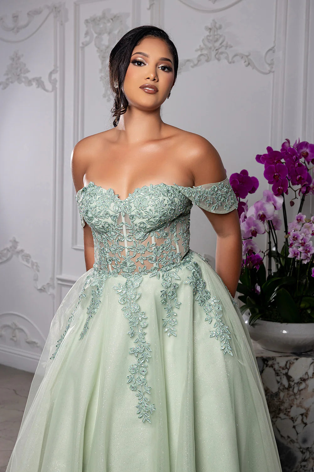 Off-the-Shoulder Floor-Length Tulle Prom Ball Gown May Queen MQ2176