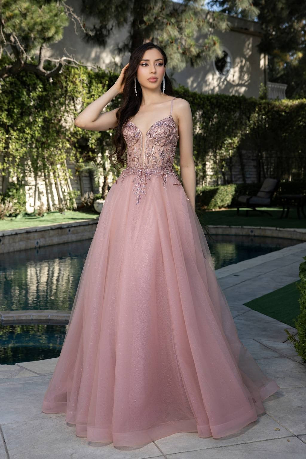 V-Neck Floor-Length Tulle Prom A-Line May Queen MQ2178