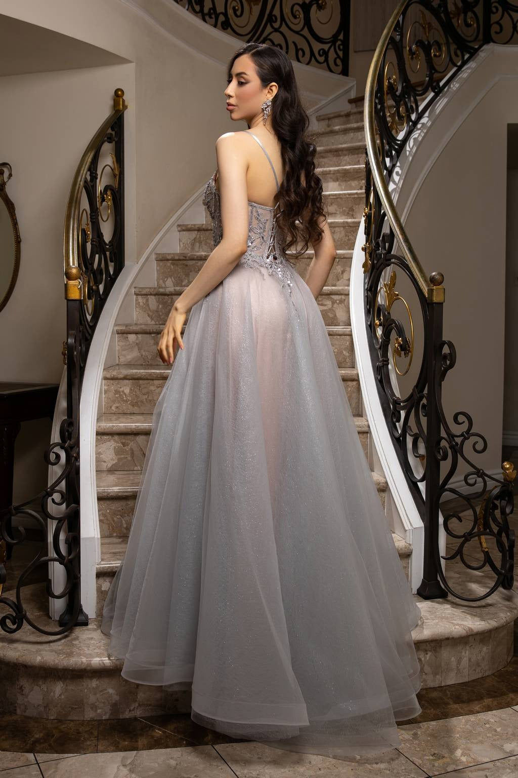 V-Neck Floor-Length Tulle Prom A-Line May Queen MQ2178