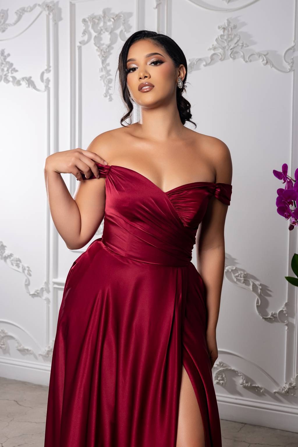 Off-the-Shoulder Floor-Length Satin Prom A-Line May Queen 2187