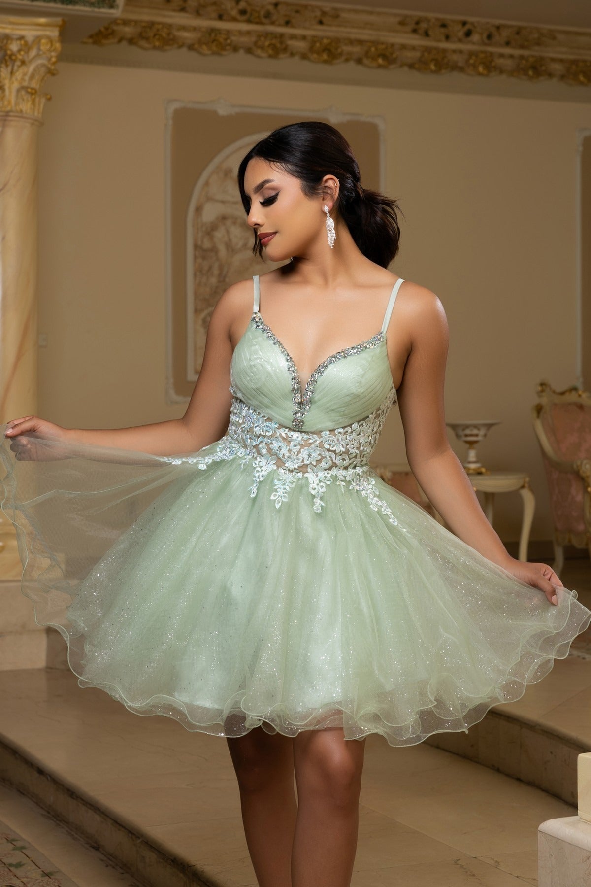 V-Neck Mini Short Tulle Cocktail A-Line May Queen MQ2192