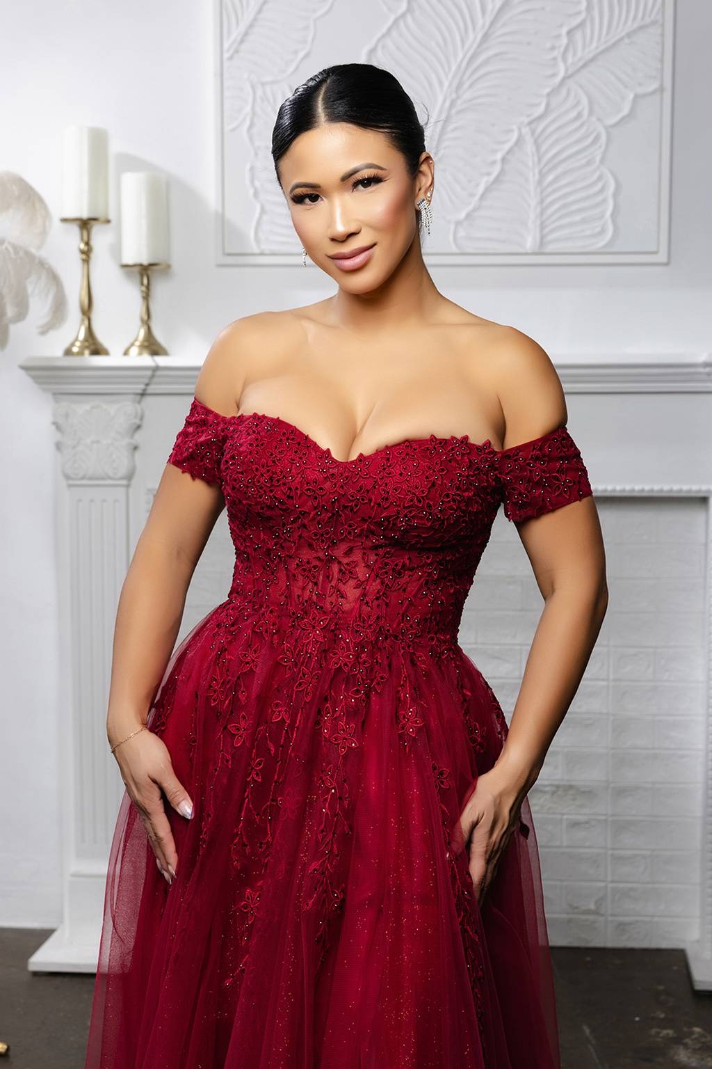 Off-the-Shoulder Floor-Length Tulle Prom A-Line May Queen MQ2200