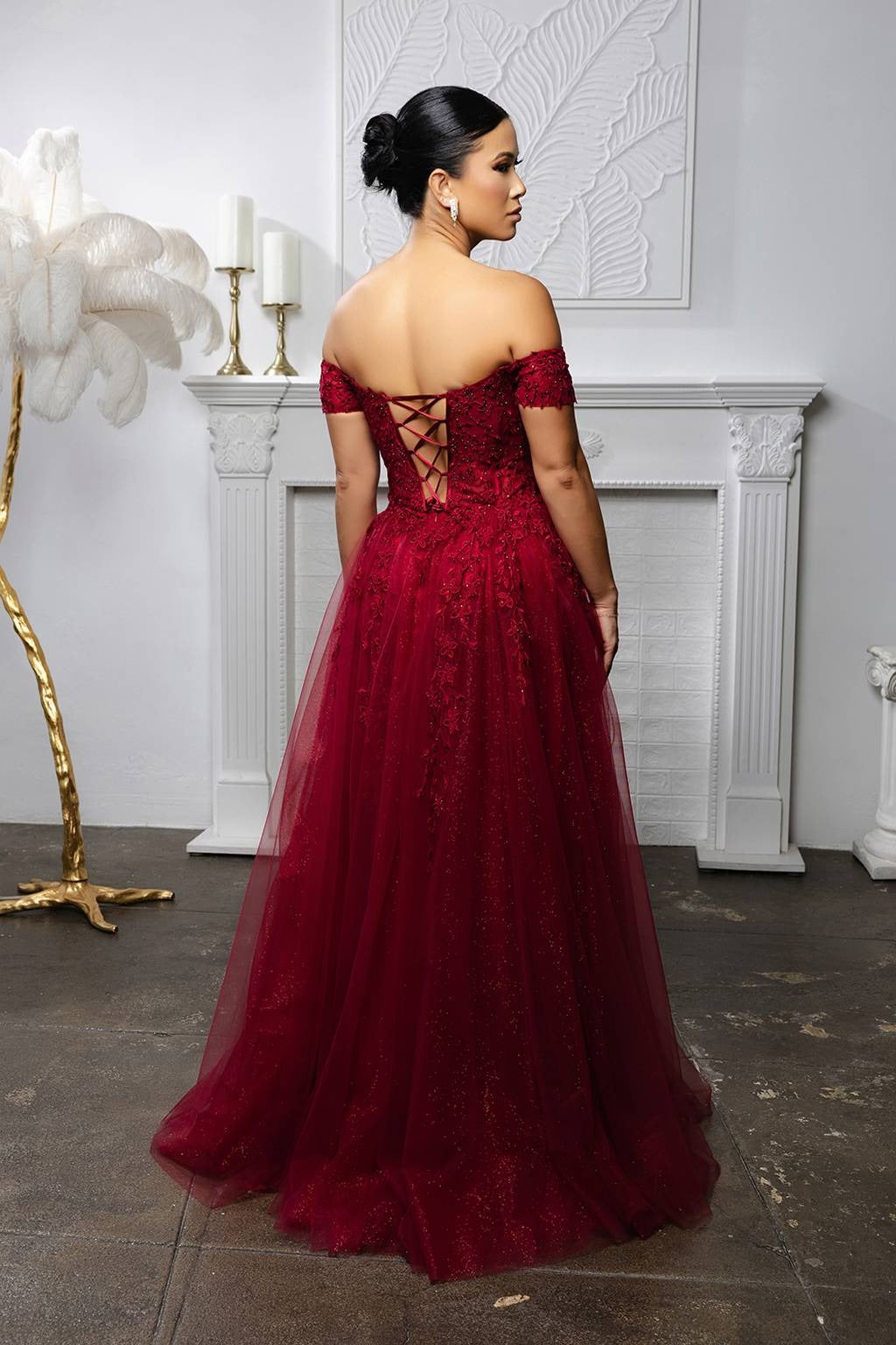 Off-the-Shoulder Floor-Length Tulle Prom A-Line May Queen MQ2200
