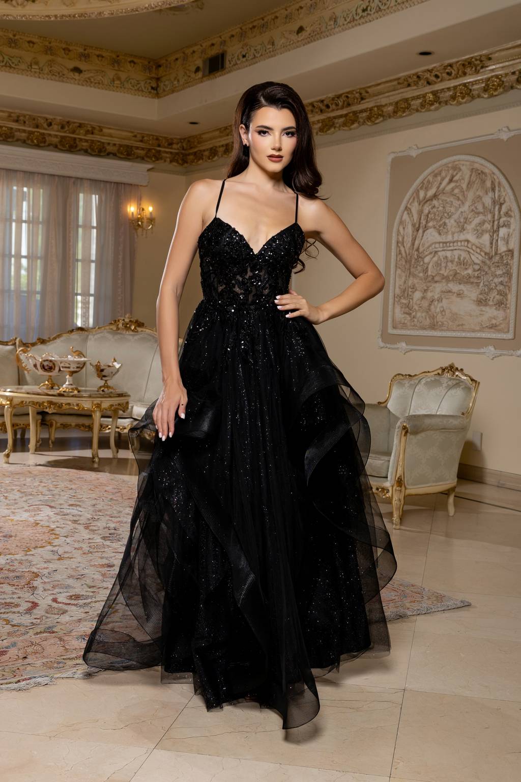 V-Neck Floor-Length Tulle Prom A-Line May Queen MQ2203