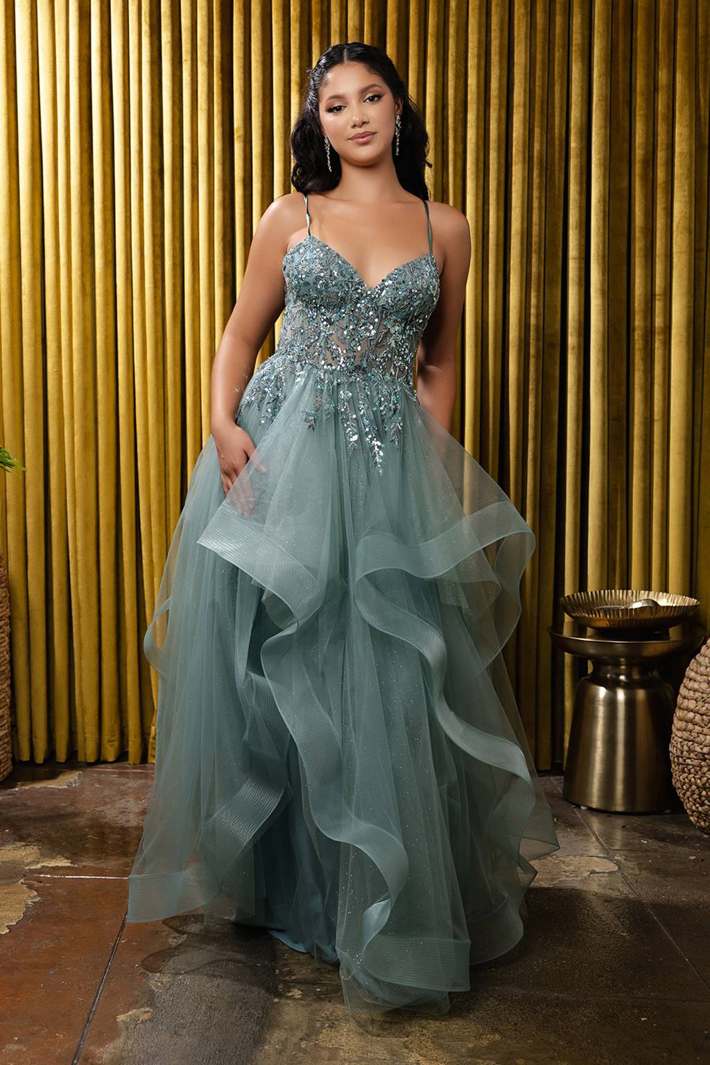 V-Neck Floor-Length Tulle Prom A-Line May Queen MQ2203