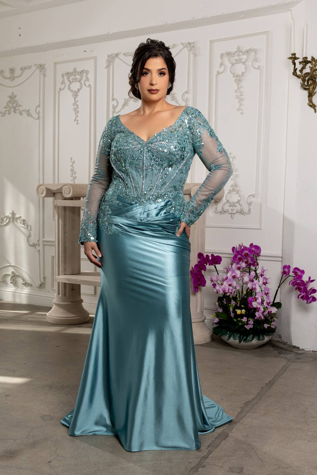 V-Neck Floor-Length Satin Evening Gown Mermaid May Queen 2204