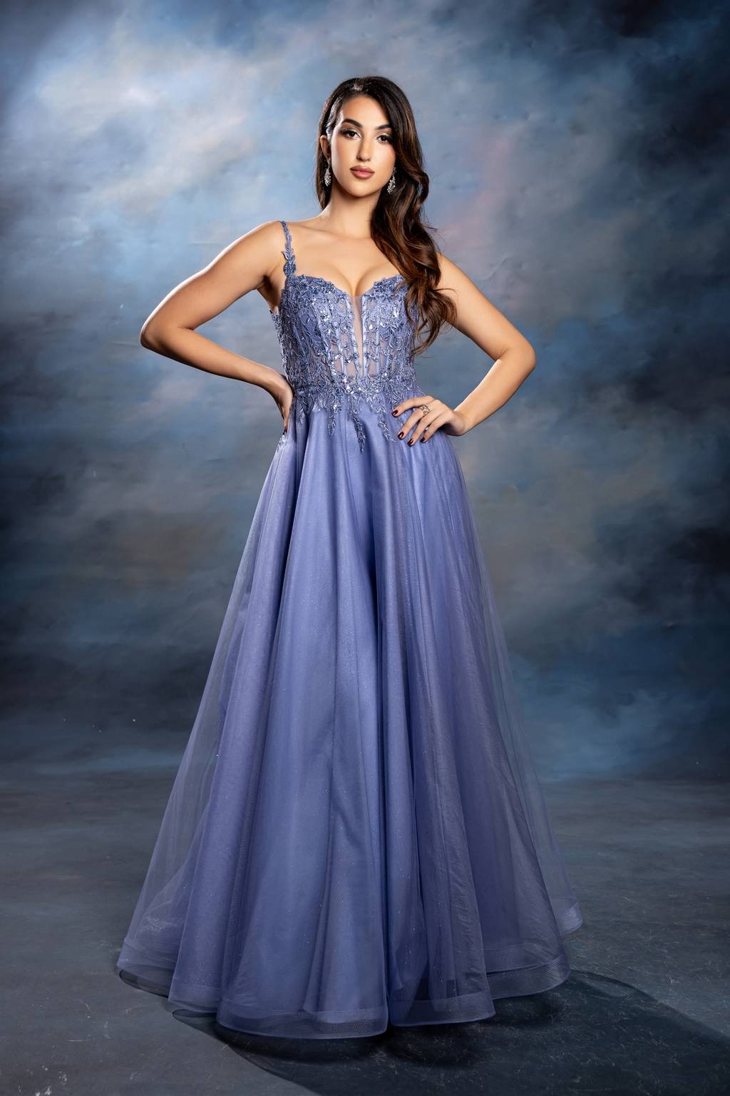 V-Neck Floor-Length Tulle Prom A-Line May Queen MQ2212