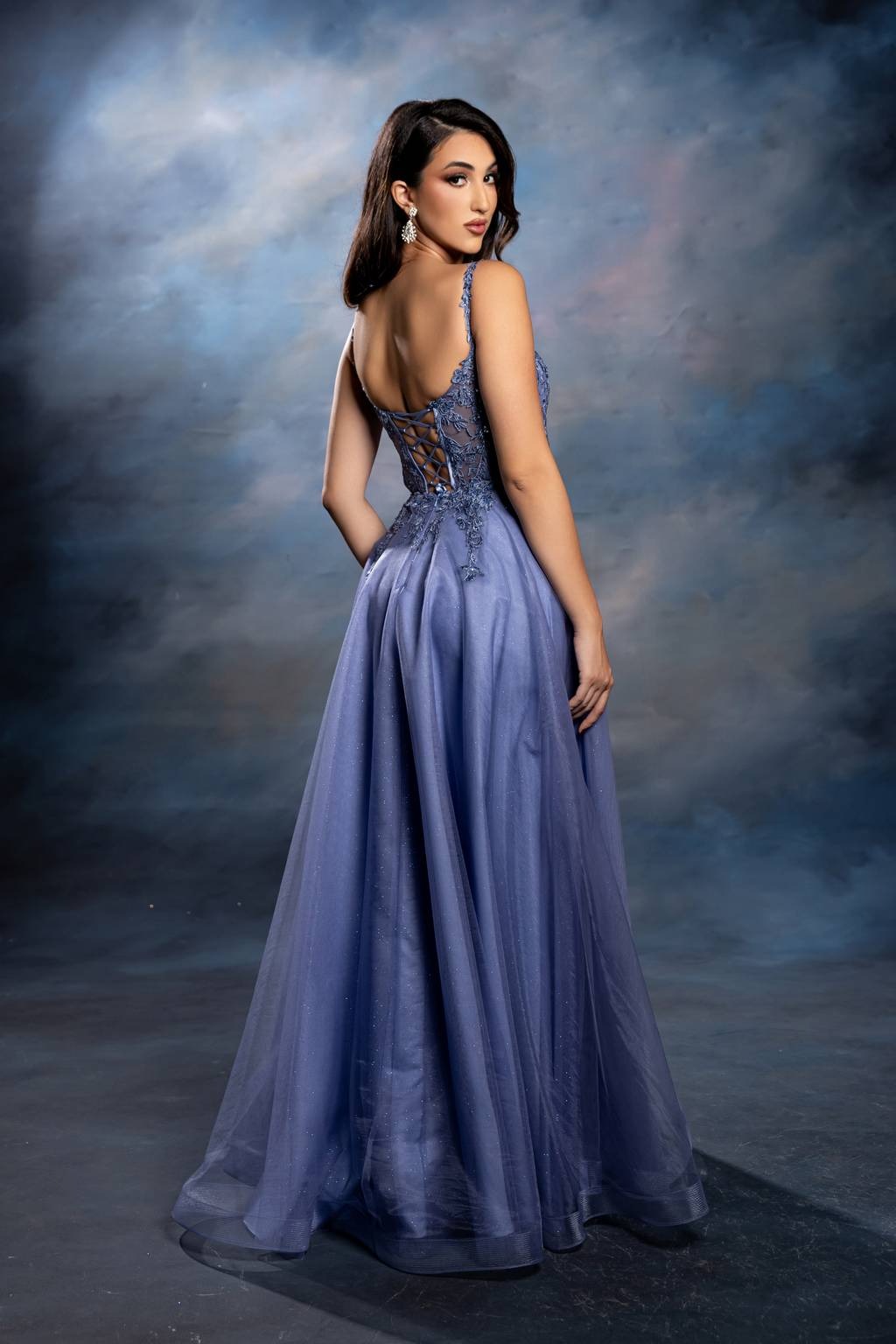 V-Neck Floor-Length Tulle Prom A-Line May Queen MQ2212