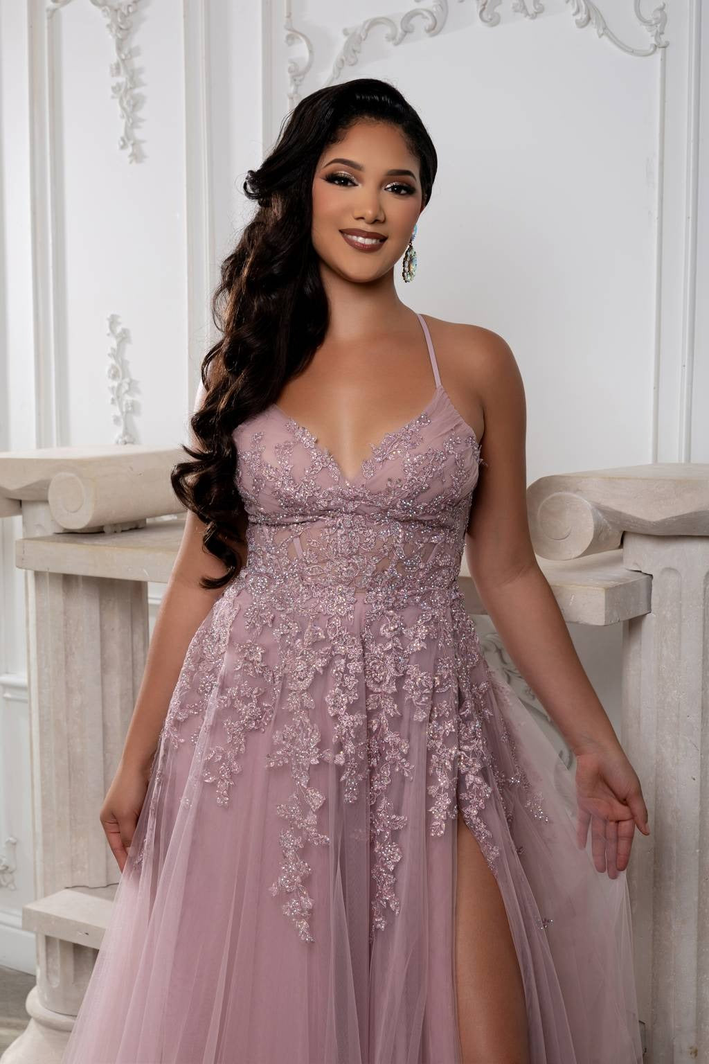 V-Neck Floor-Length Tulle Prom A-Line May Queen MQ2220