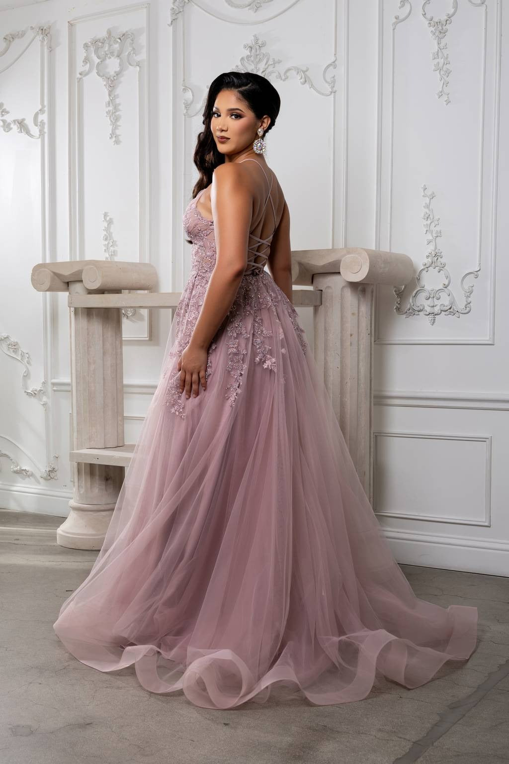 V-Neck Floor-Length Tulle Prom A-Line May Queen MQ2220
