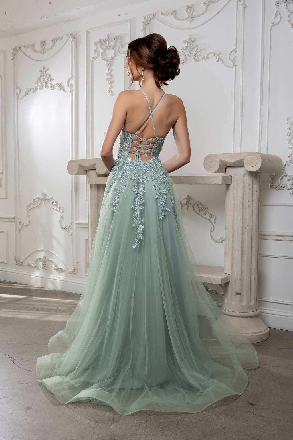 V-Neck Floor-Length Tulle Prom A-Line May Queen MQ2220
