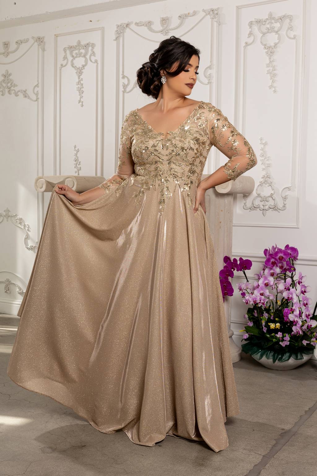 V-Neck Floor-Length Satin Evening Gown A-Line May Queen 2226