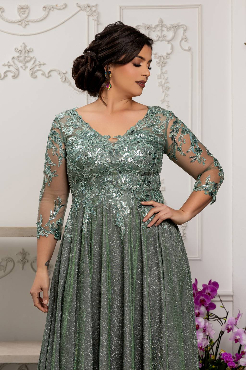 V-Neck Floor-Length Satin Evening Gown A-Line May Queen 2226