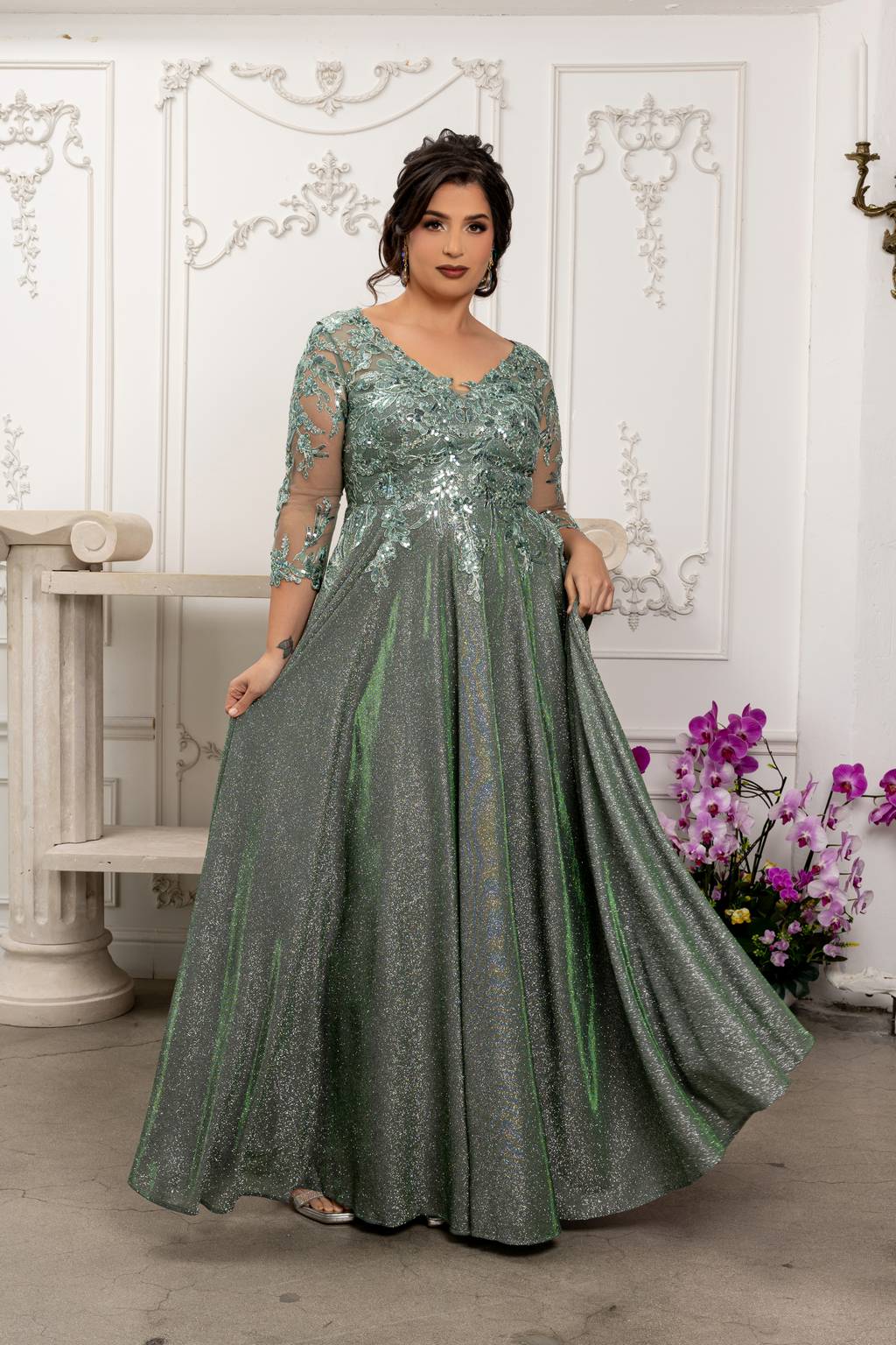 V-Neck Floor-Length Satin Evening Gown A-Line May Queen 2226