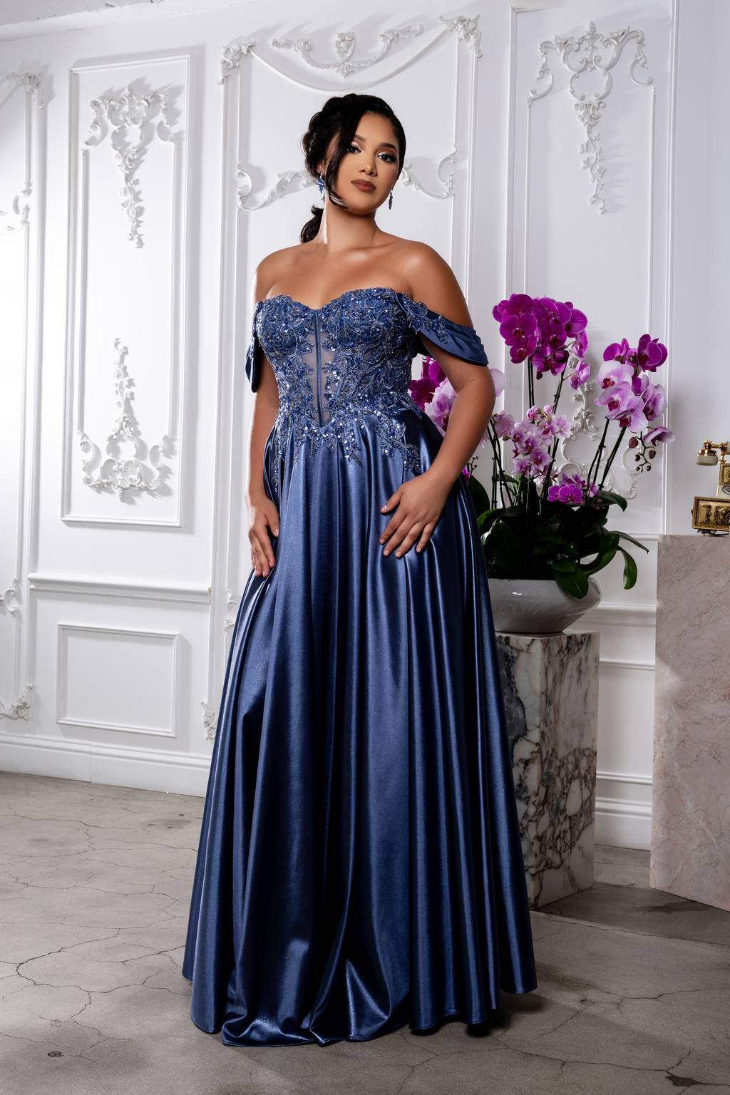 Off-the-Shoulder Floor-Length Satin Prom A-Line May Queen MQ2240
