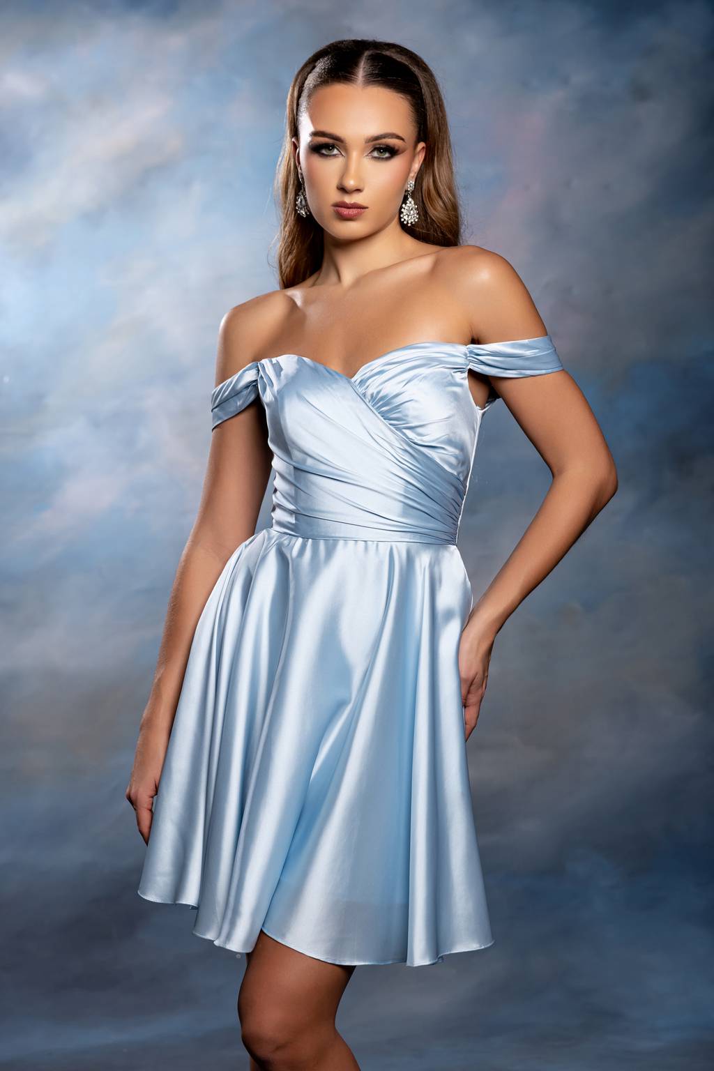 Off-the-Shoulder Mini/Short Satin Cocktail A-Line May Queen 2245