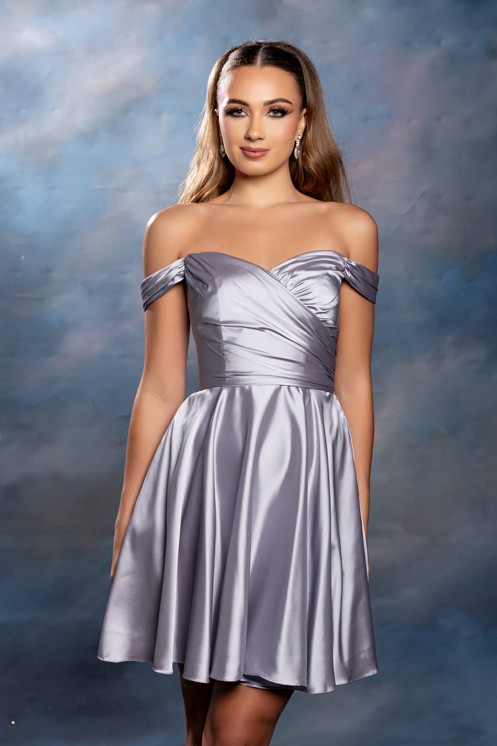Off-the-Shoulder Mini/Short Satin Cocktail A-Line May Queen 2245