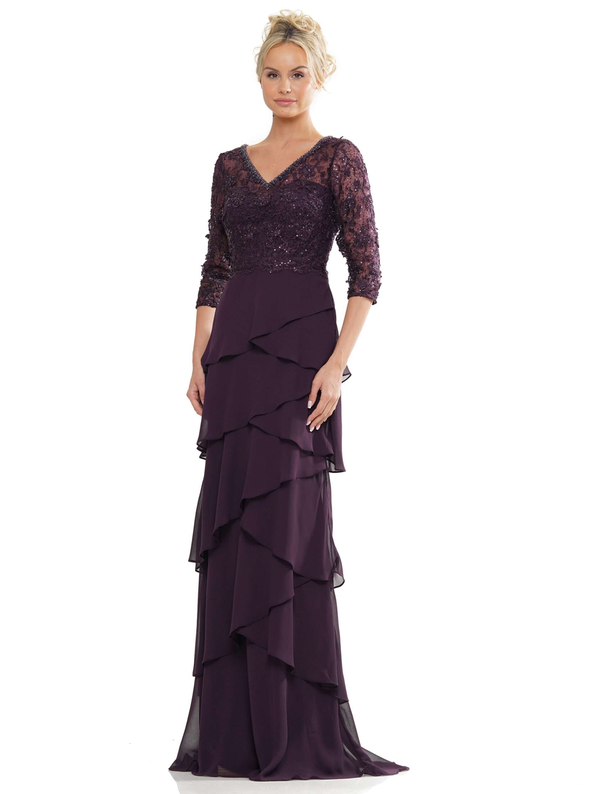 Mother of the Bride Dresses Long 3/4 Sleeve Chiffon Formal Dress Eggplant