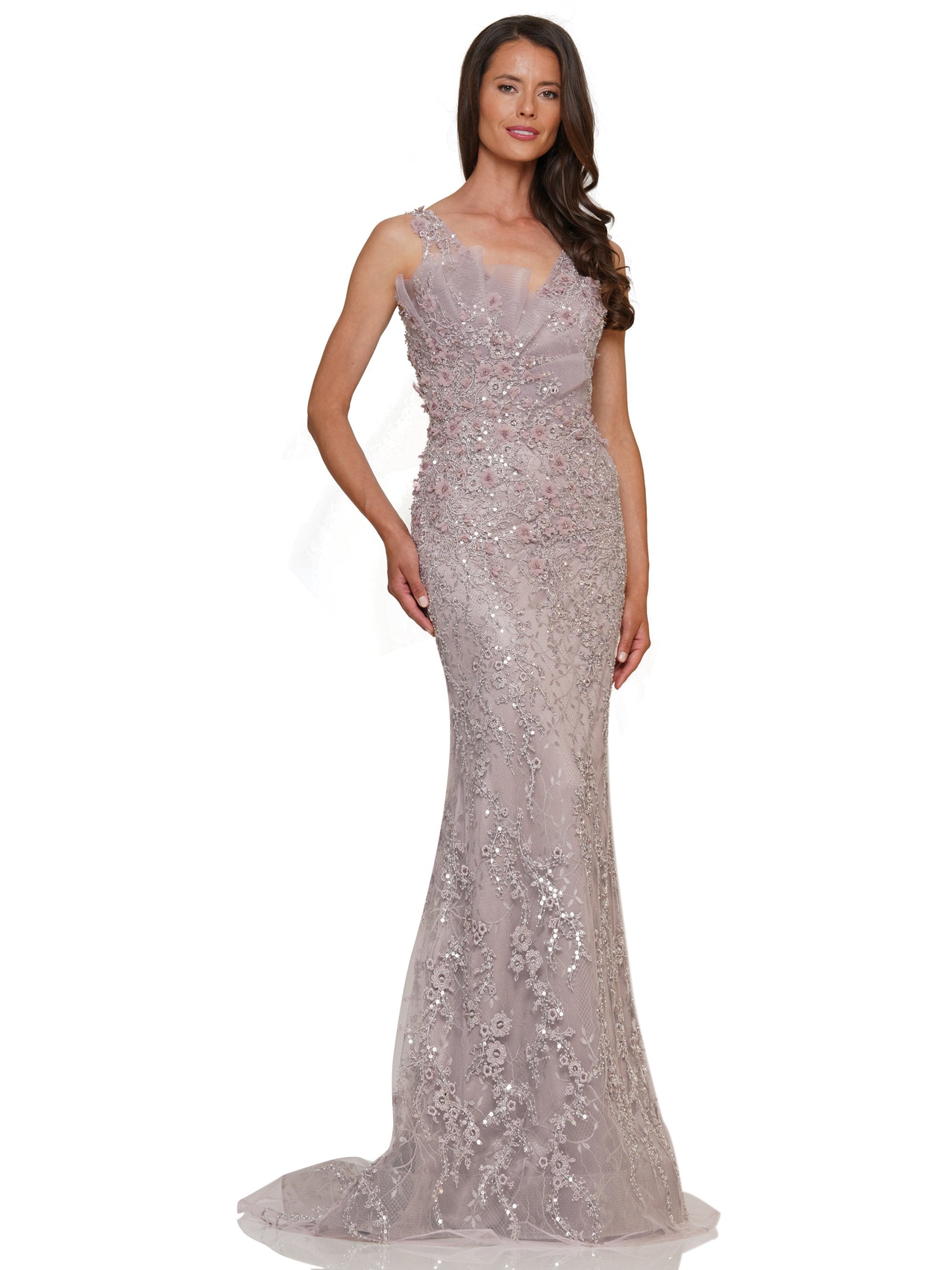 Formal Dresses Formal Embroidered Beaded Tulle Sleeveless Dress Mauve