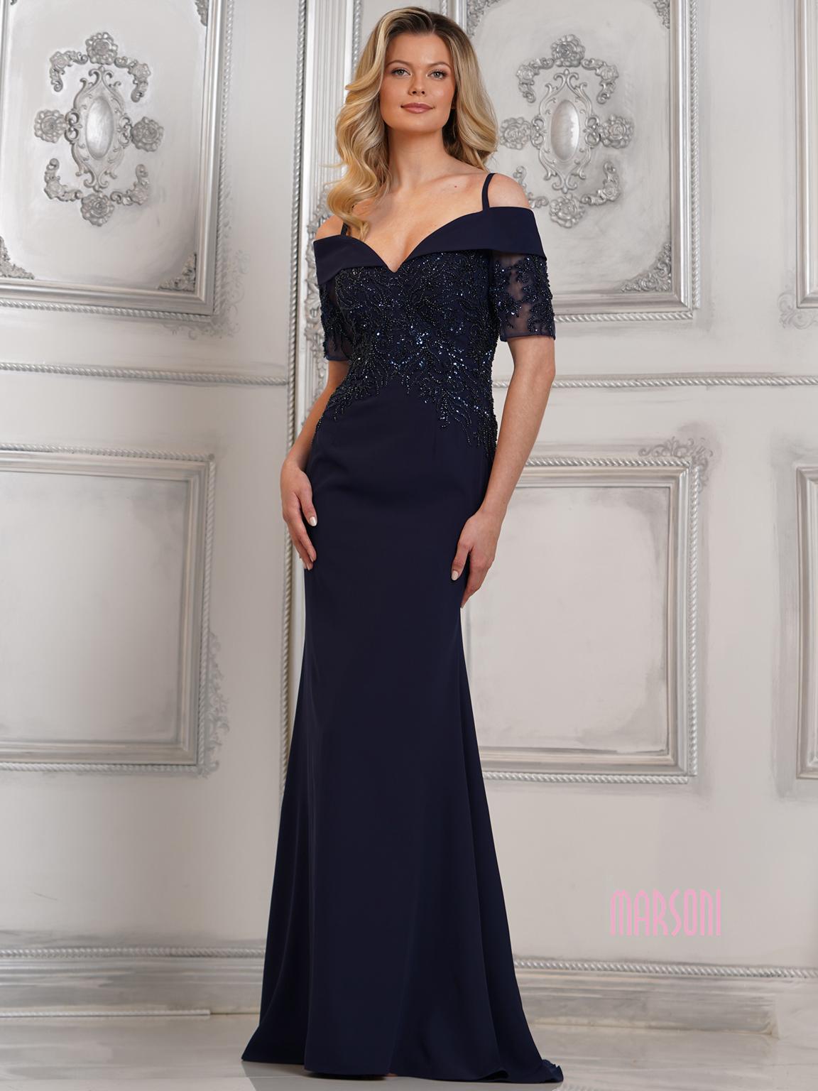 Navy Marsoni MV1295 Fitted Long Formal Beaded Evening Dress for $460.0 ...
