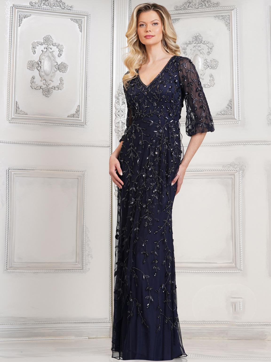 Mother of the Bride Dresses Mother of the Bride Sequin Beaded Long Dress Navy
