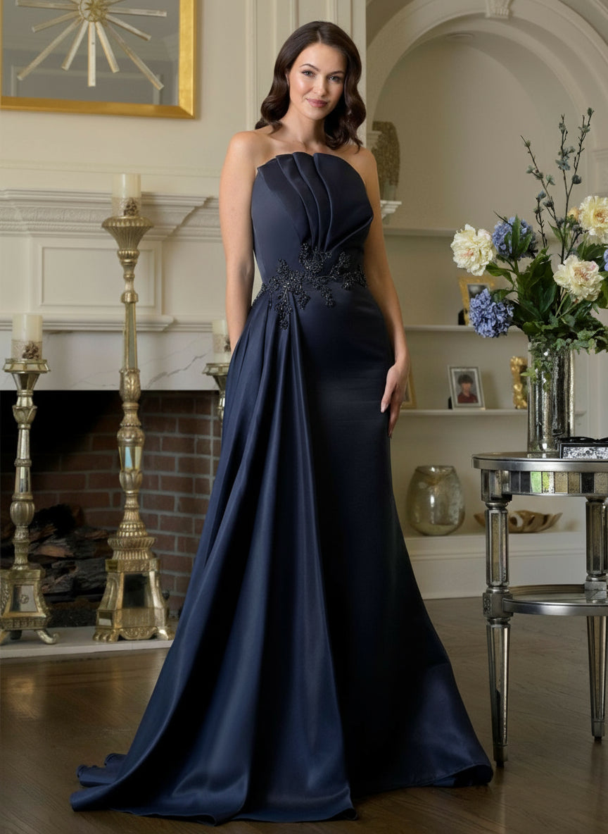 Prom Dresses Beaded Applique Long Formal Evening Pleated Dress Navy