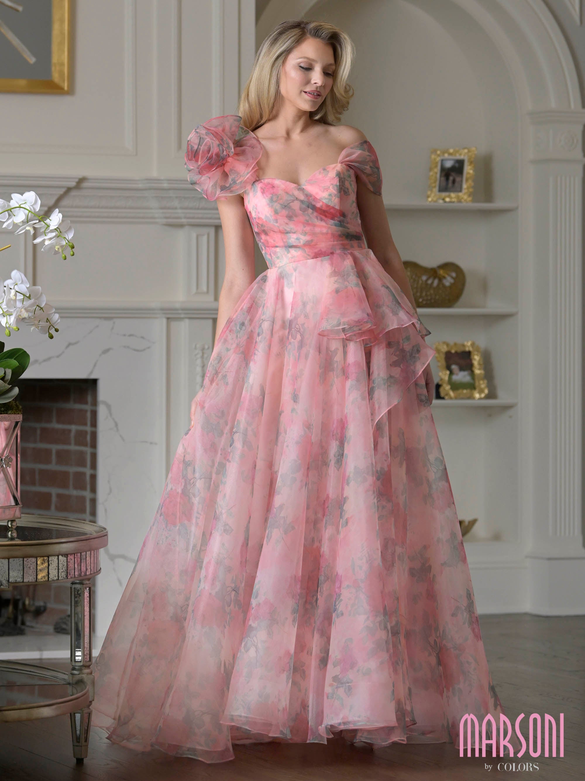 Pink Multi Sweetheart Floor-Length Organza Formal A-Line Ball Gown Floral Print and Puff Sleeves Marsoni MV1392