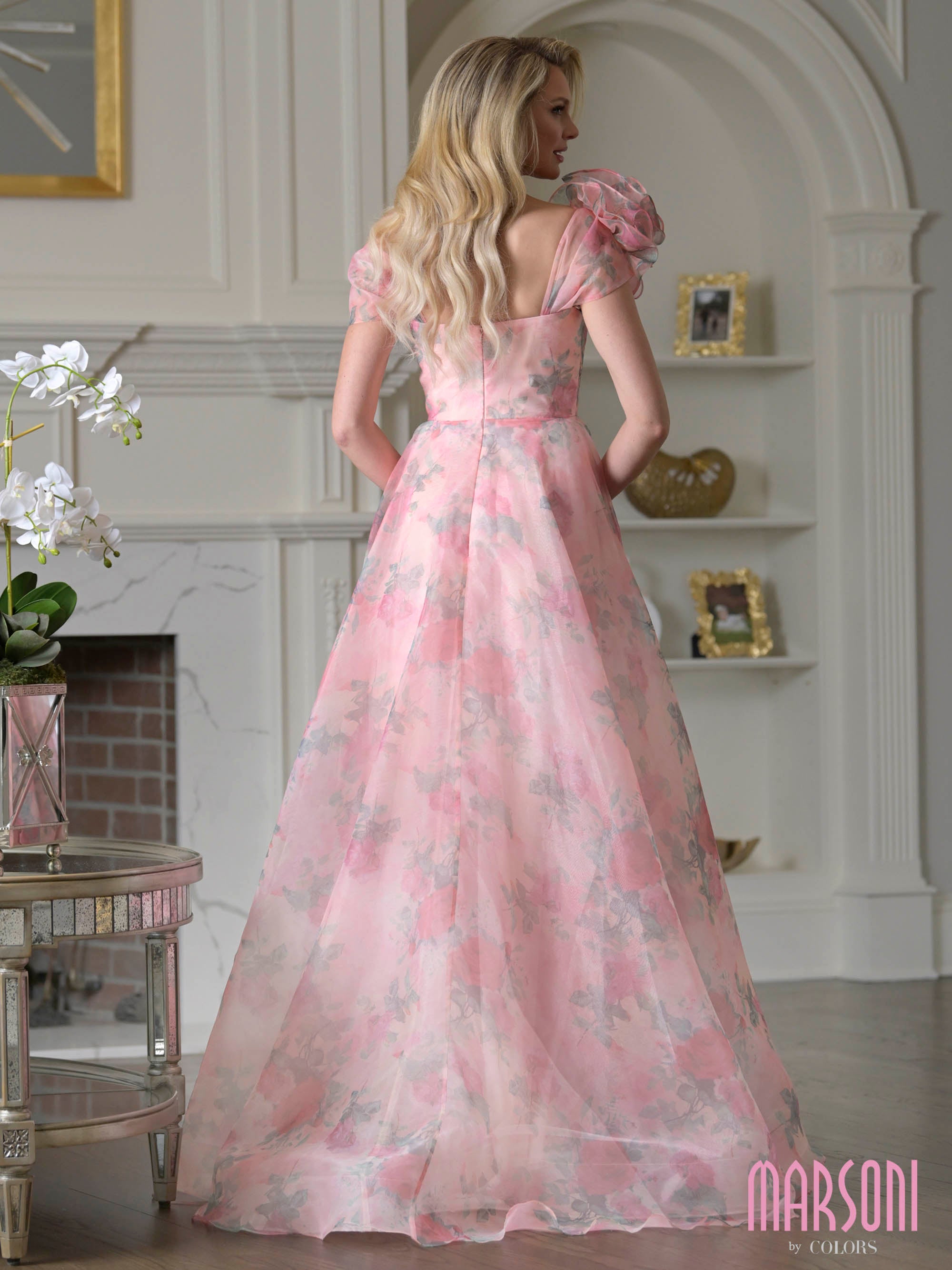 Pink Multi Sweetheart Floor-Length Organza Formal A-Line Ball Gown Floral Print and Puff Sleeves Marsoni MV1392