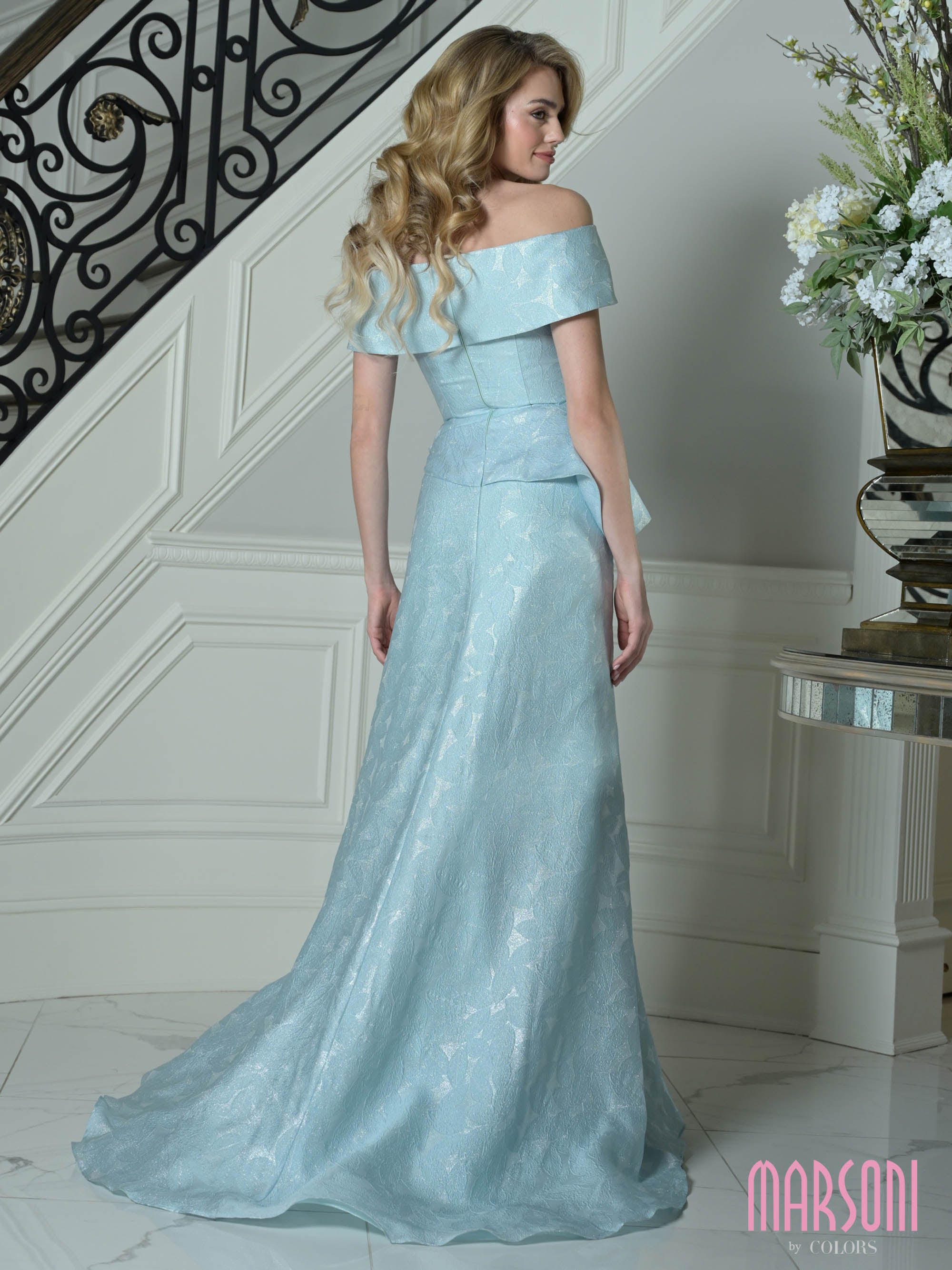 Aqua Off-the-Shoulder Floor-Length Floral Jacquard A-Line Formal Gown Pockets Marsoni MV1397