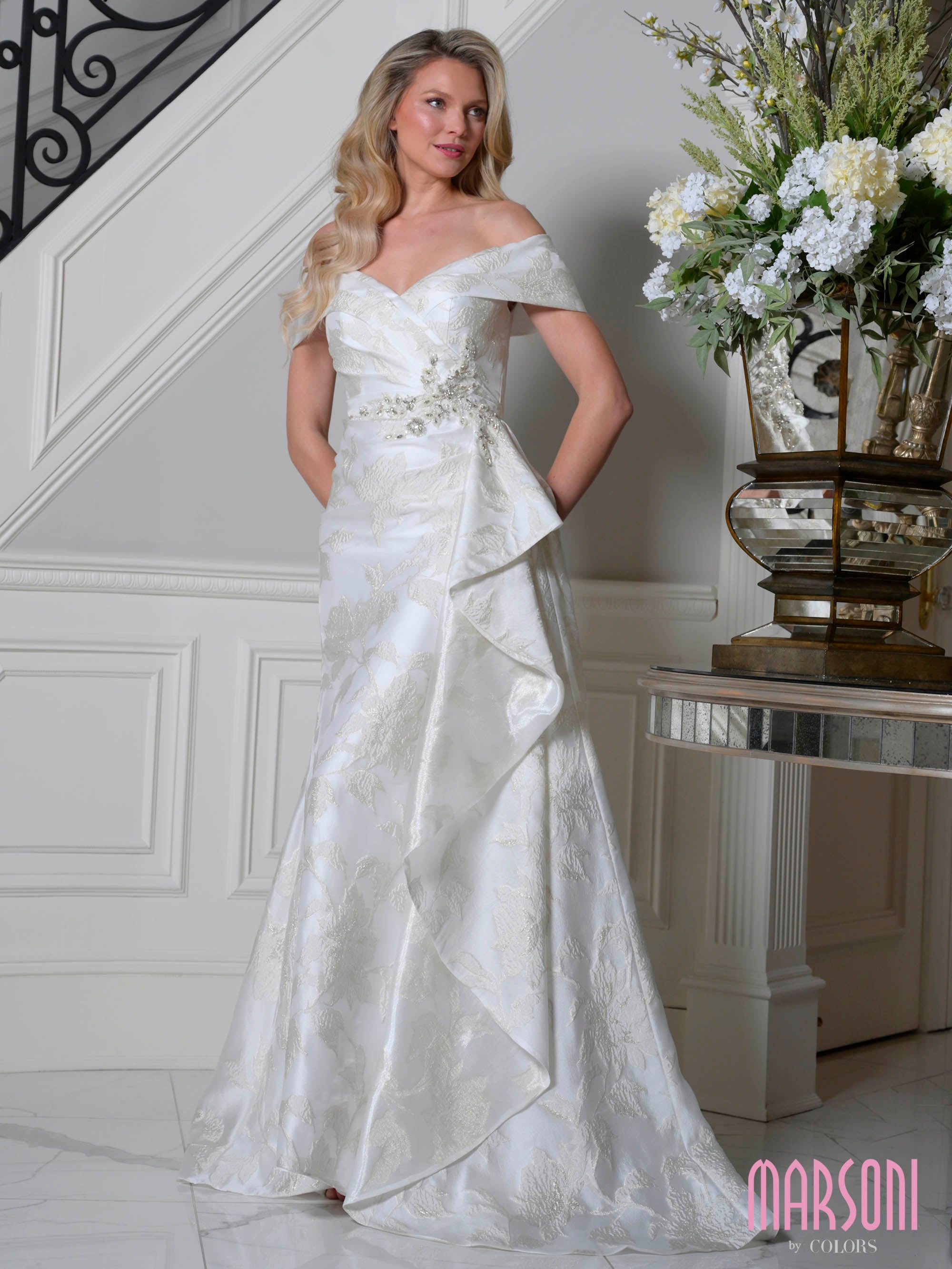 Ivory Off-the-Shoulder Floor-Length Jacquard Formal Gown Cascading Side Ruffle Marsoni MV1401