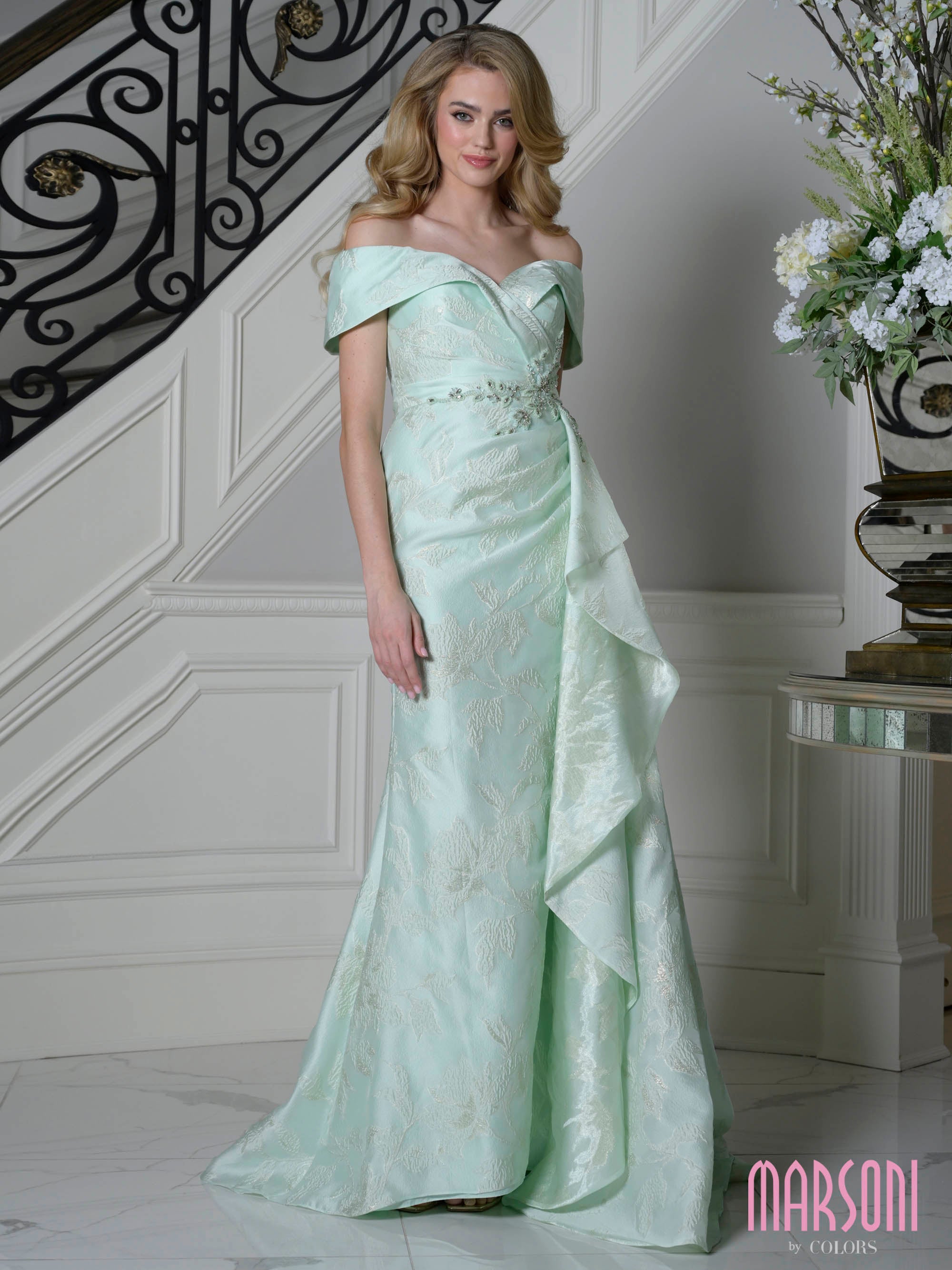 Mint Off-the-Shoulder Floor-Length Jacquard Formal Gown Cascading Side Ruffle Marsoni MV1401