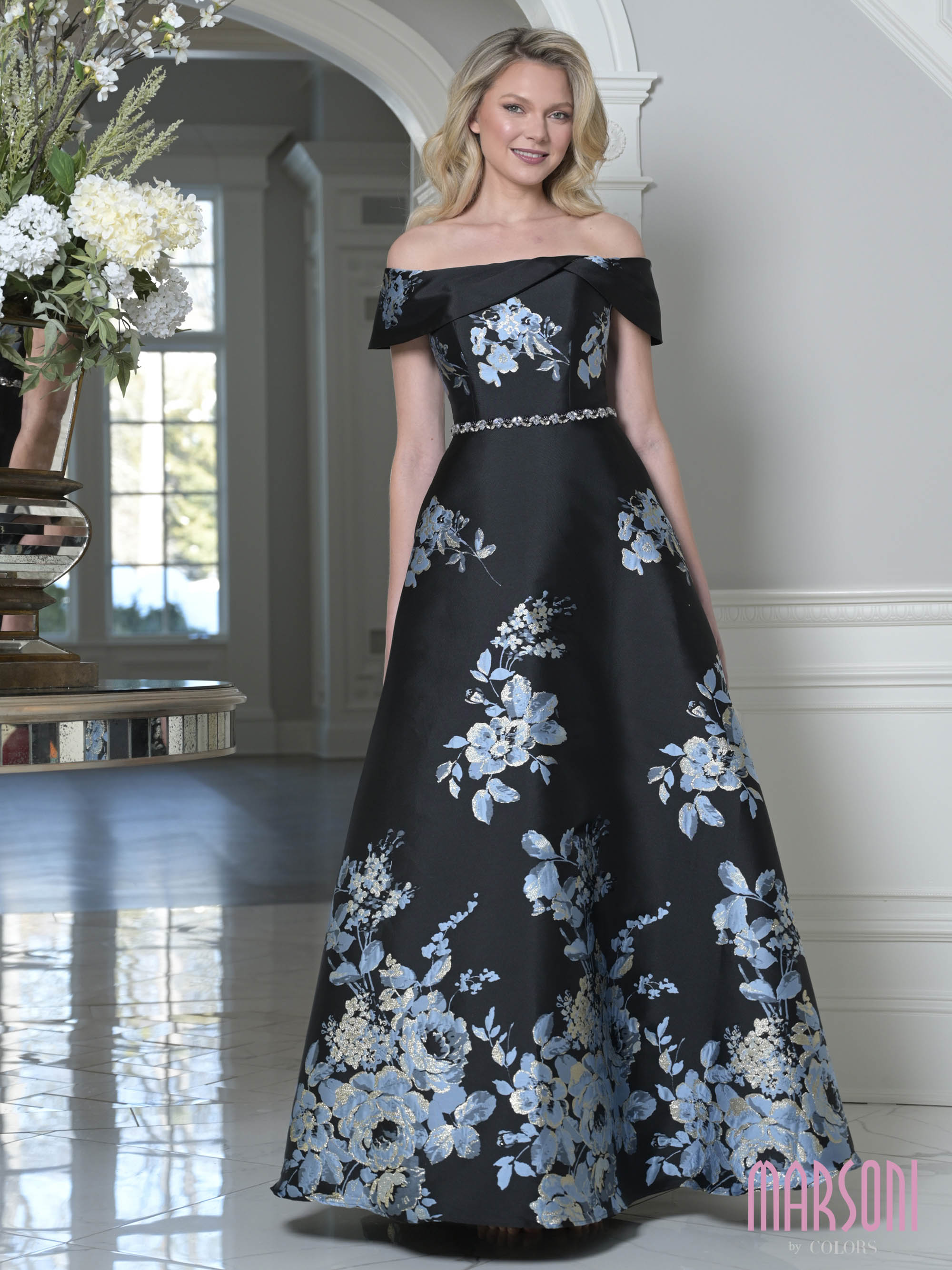 Black Multi Off-the-Shoulder Floor-Length Floral Mikado Evening Gown Beaded Waist Marsoni MV1402