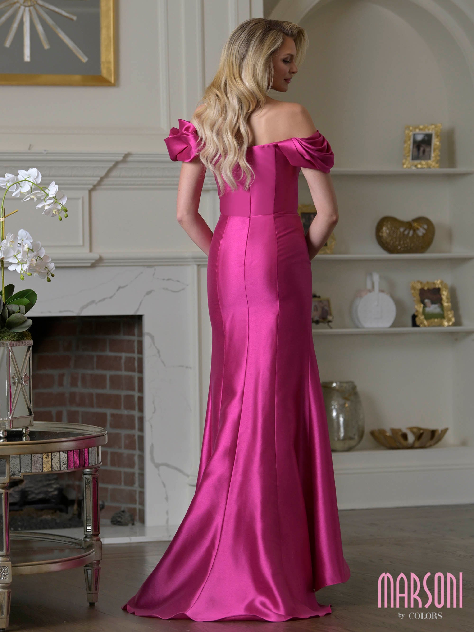 Fuchsia Off-the-Shoulder Floor-Length Satin Formal Gown Crystal Brooch and Side Slit Marsoni MV1407