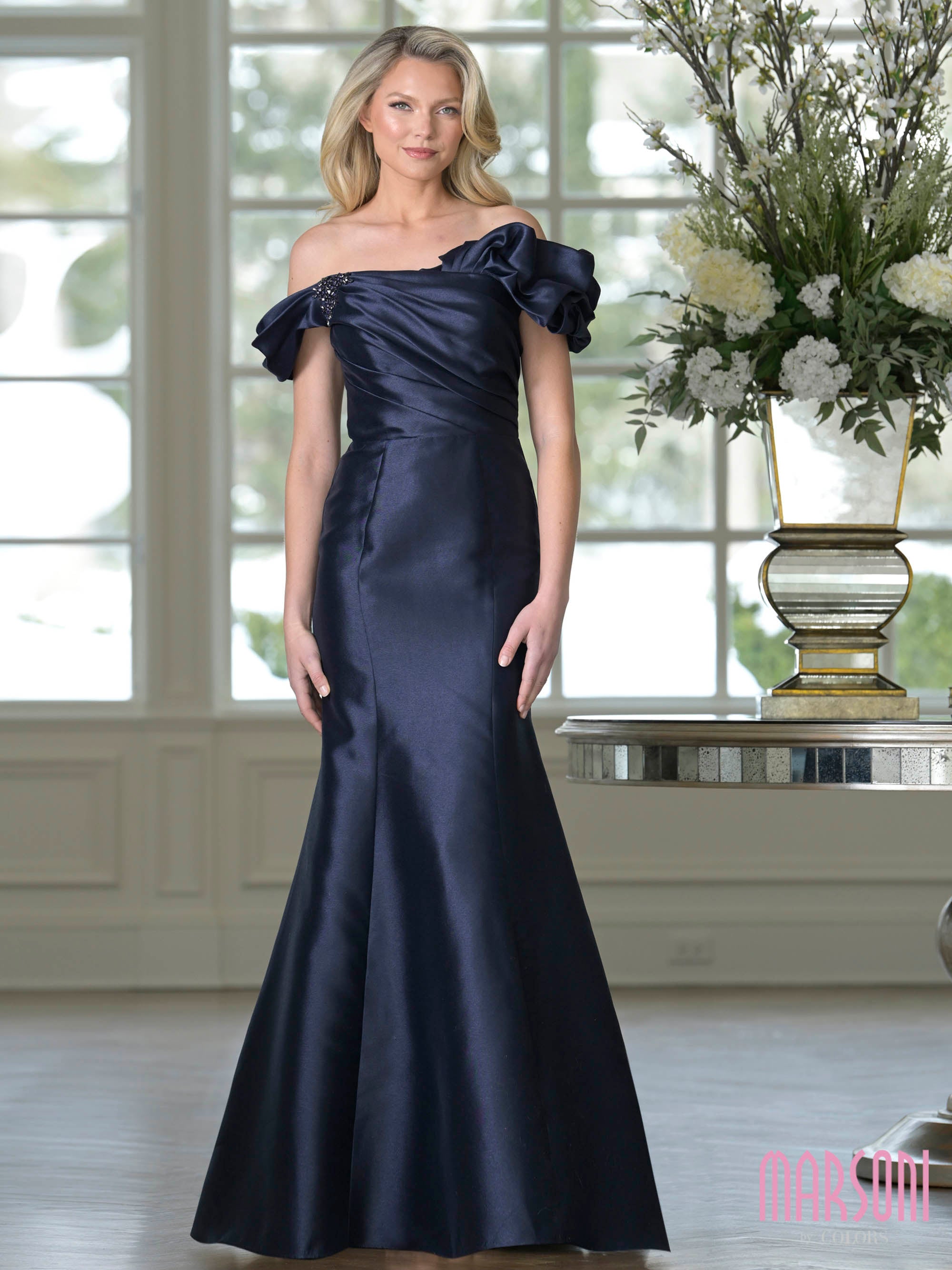 Midnight Off-the-Shoulder Floor-Length Satin Formal Gown Crystal Brooch and Side Slit Marsoni MV1407