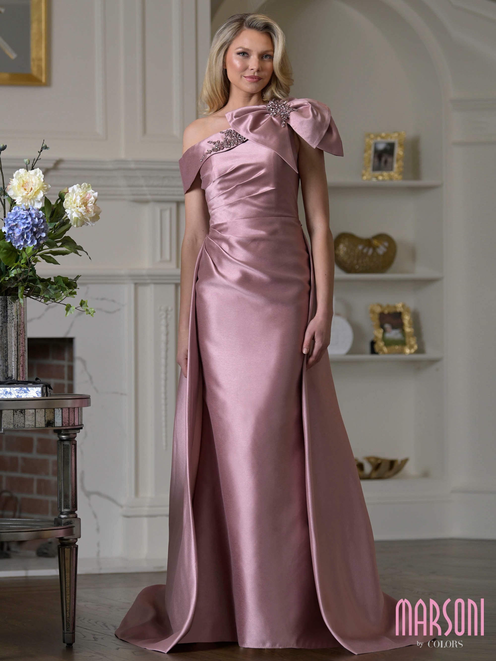 Rosewood One-Shoulder Floor-Length Satin Formal Gown Bow Detail and Side Slit Marsoni MV1408