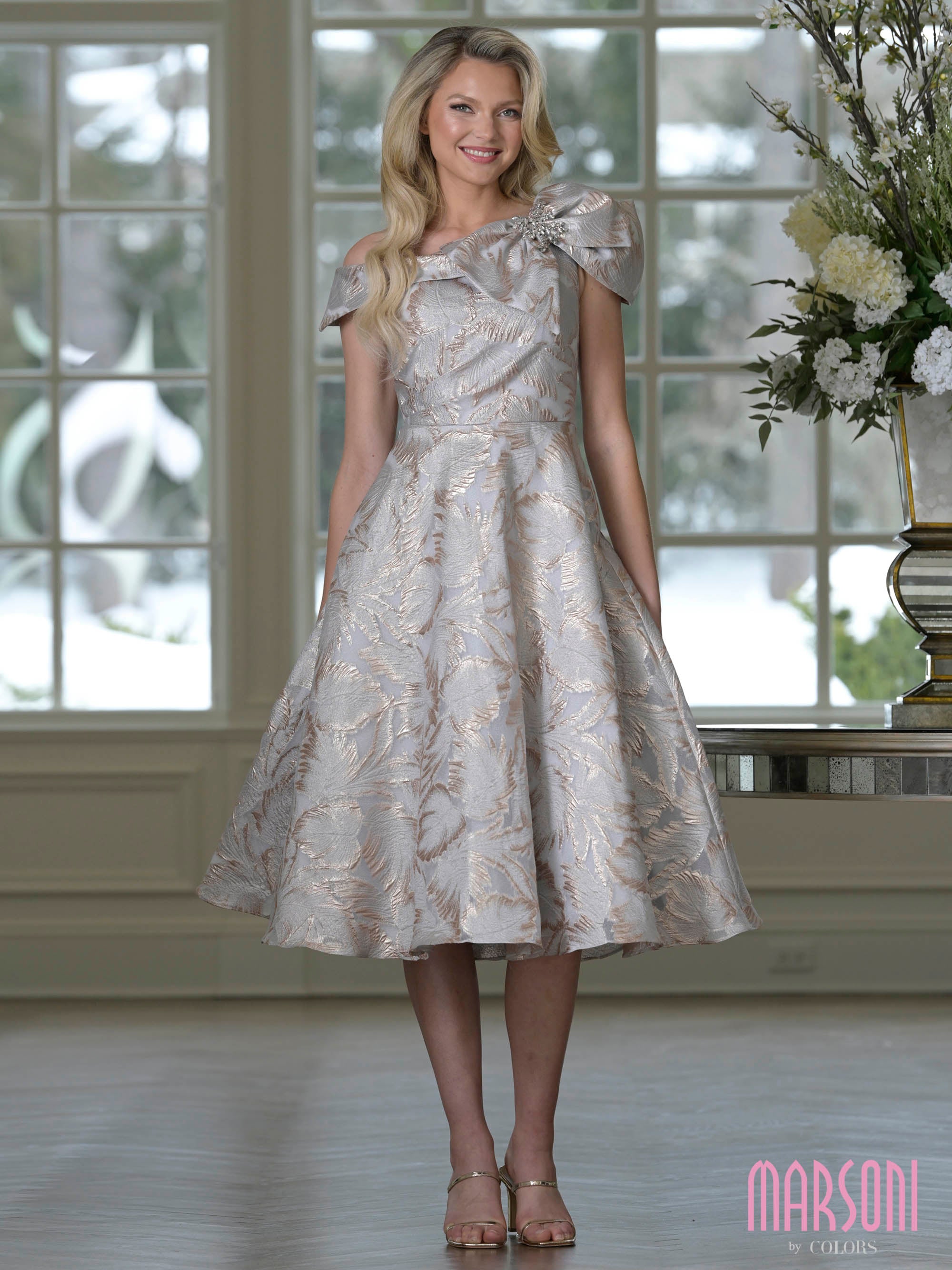 Gold Gray Off-the-Shoulder Tea-Length Floral Brocade Cocktail Dress Statement Bow Marsoni MV1413