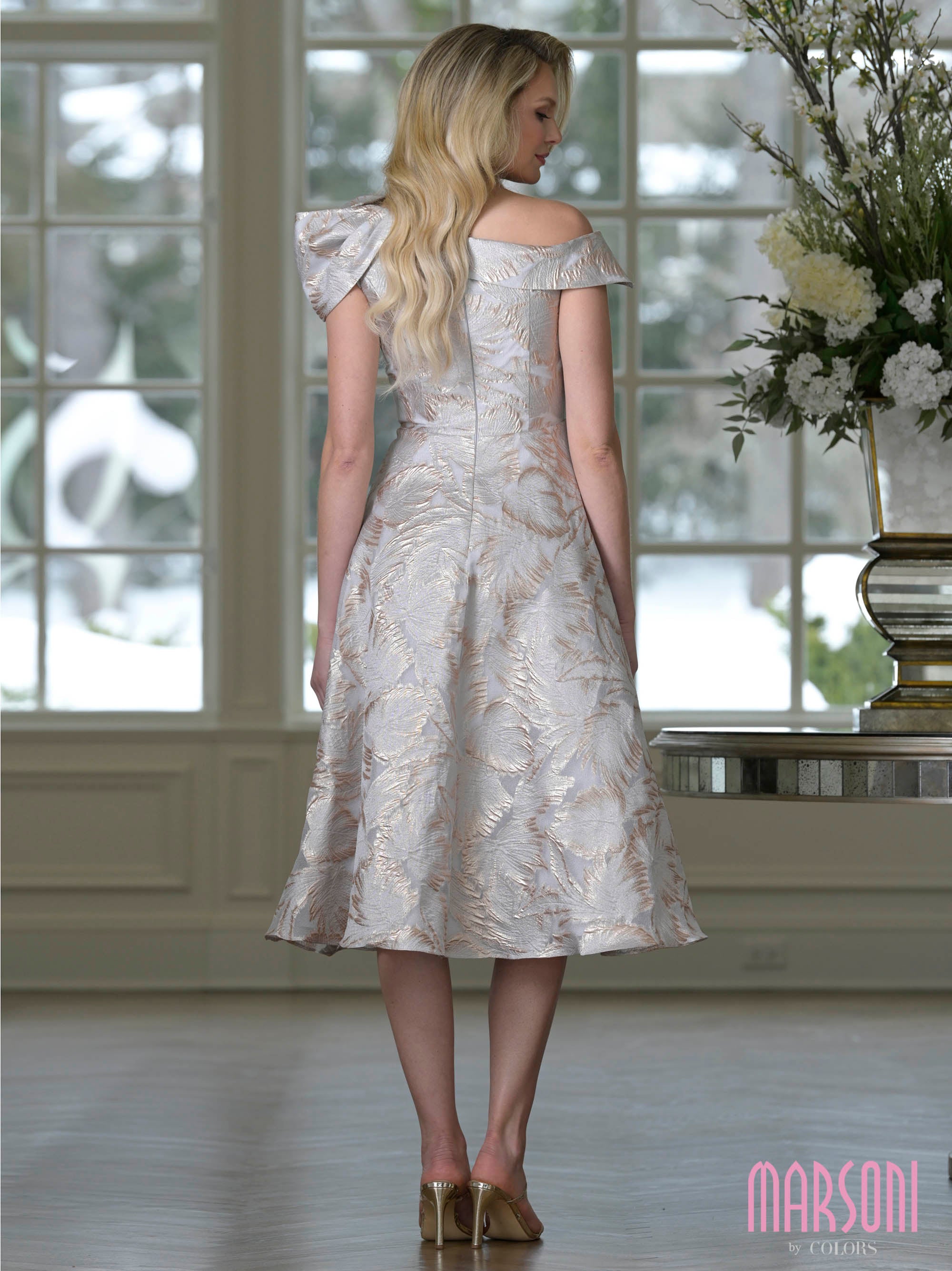 Gold Gray Off-the-Shoulder Tea-Length Floral Brocade Cocktail Dress Statement Bow Marsoni MV1413
