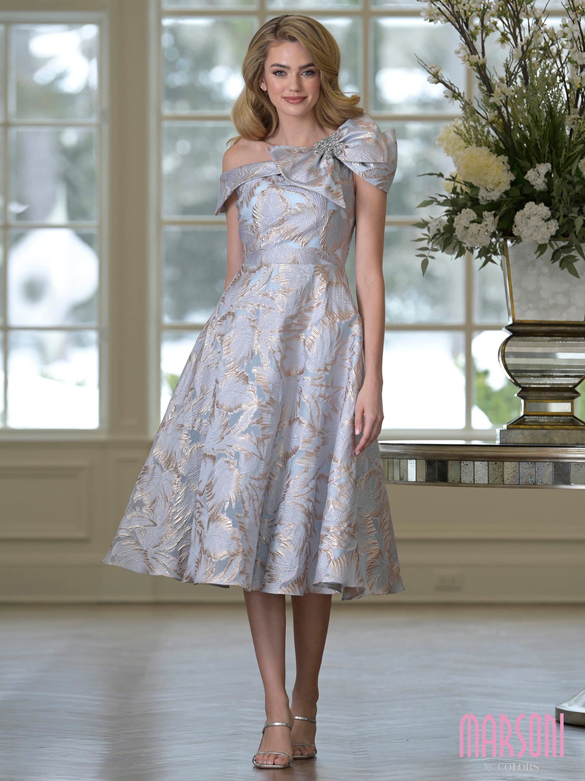 Gold Blue Off-the-Shoulder Tea-Length Floral Brocade Cocktail Dress Statement Bow Marsoni MV1413